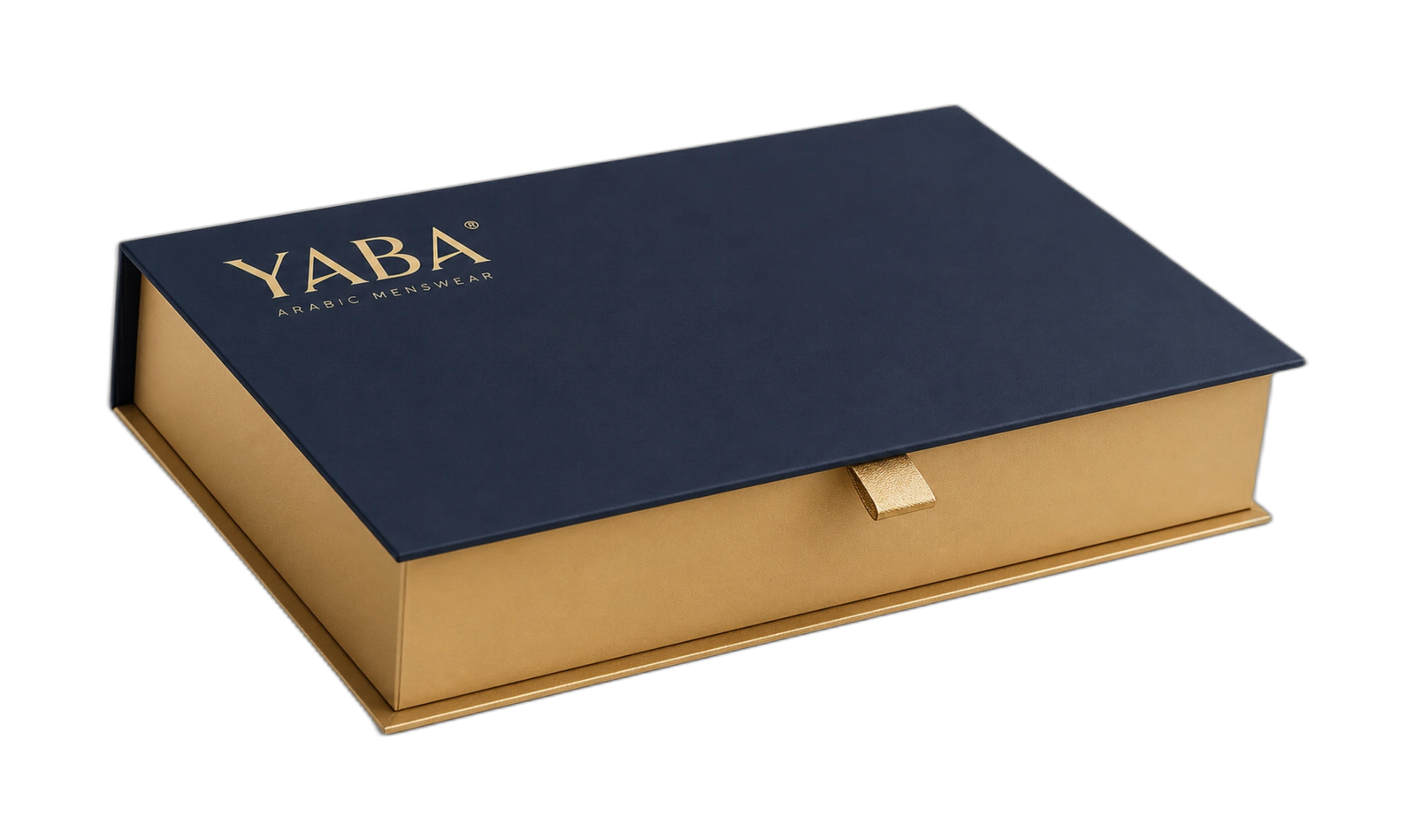 YABA packaging — navy book-fold box with brass foil YABA wordmark